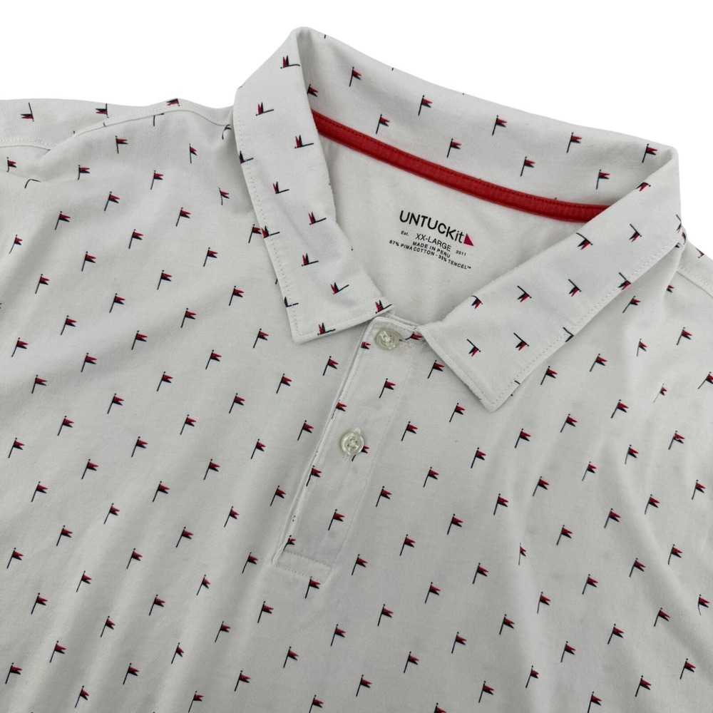 UNTUCKit Polo Shirt Mens XXL White Nautical Flag Pima Cotton Tencel Short Sleeve